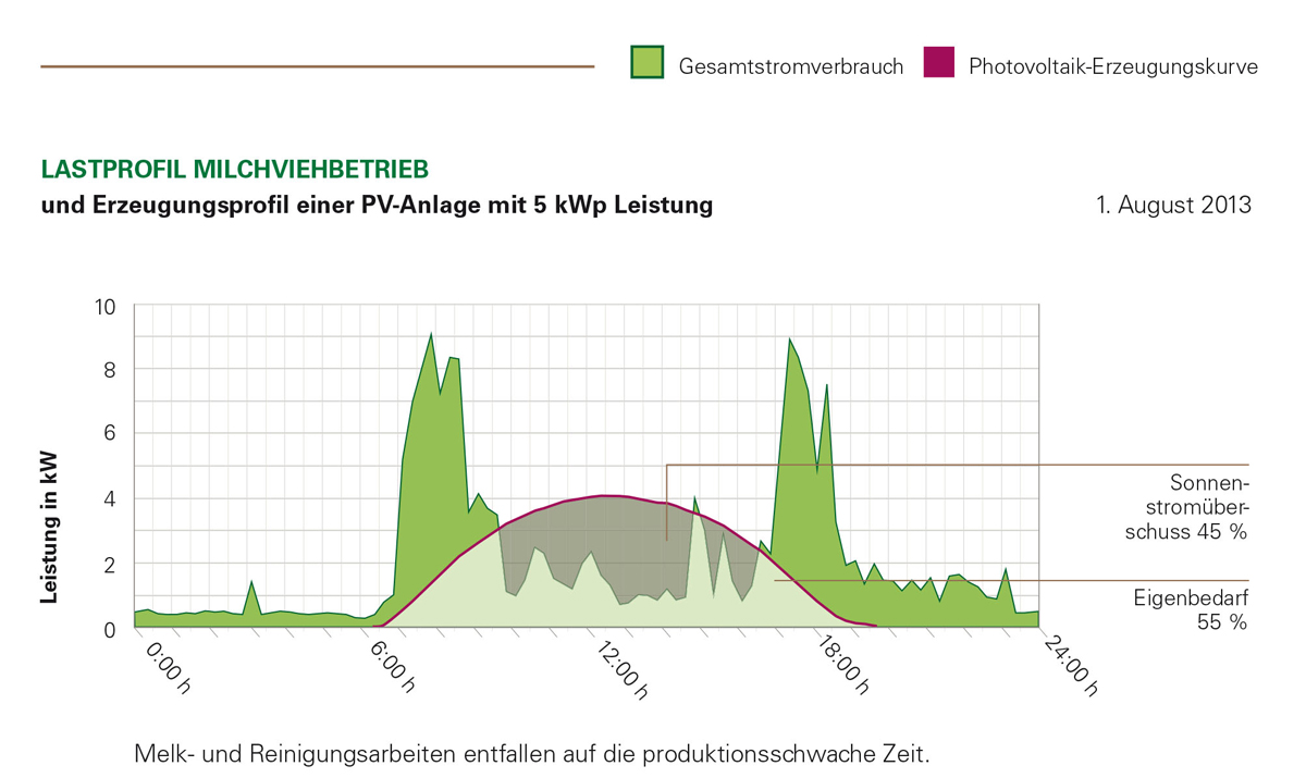 Am Beispiel eines Milchviehbetriebes zeigt sich die Komplexität der Eigenstromnutzung. Ihr Stromverbrauch ist zu jener Zeit am höchsten, in der die Sonne keine Energie liefert – frühmorgens und am Abend. Die Melk- und Reinigungszeiten lassen sich im Tagesverlauf nicht verschieben, sodass am 1. August 2013 nur 55 % der Sonnenenergie direkt genutzt werden konnten. Nur ein Batteriespeicher oder Eiswasserspei